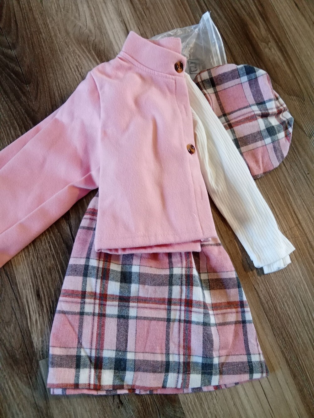 Pink Plaid Skirt Set with Matching Jacket and Hat